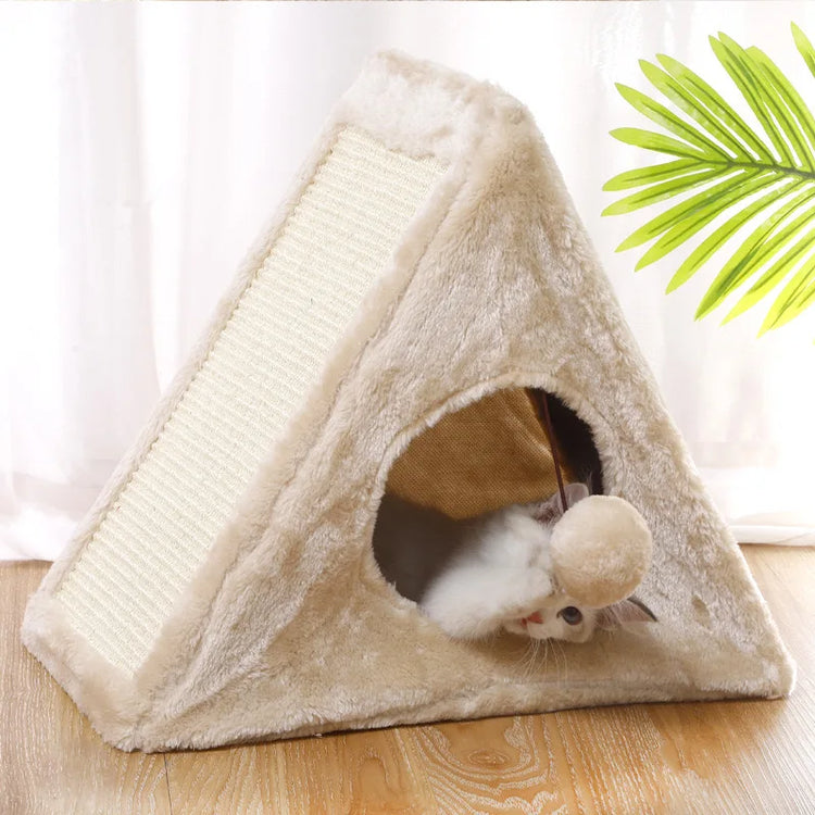 Triangle Pet Cat Bed Foldable Comfortable Tent House Sisal Scratching Cat House Pet Triangle Tent Foldable Pet Tent